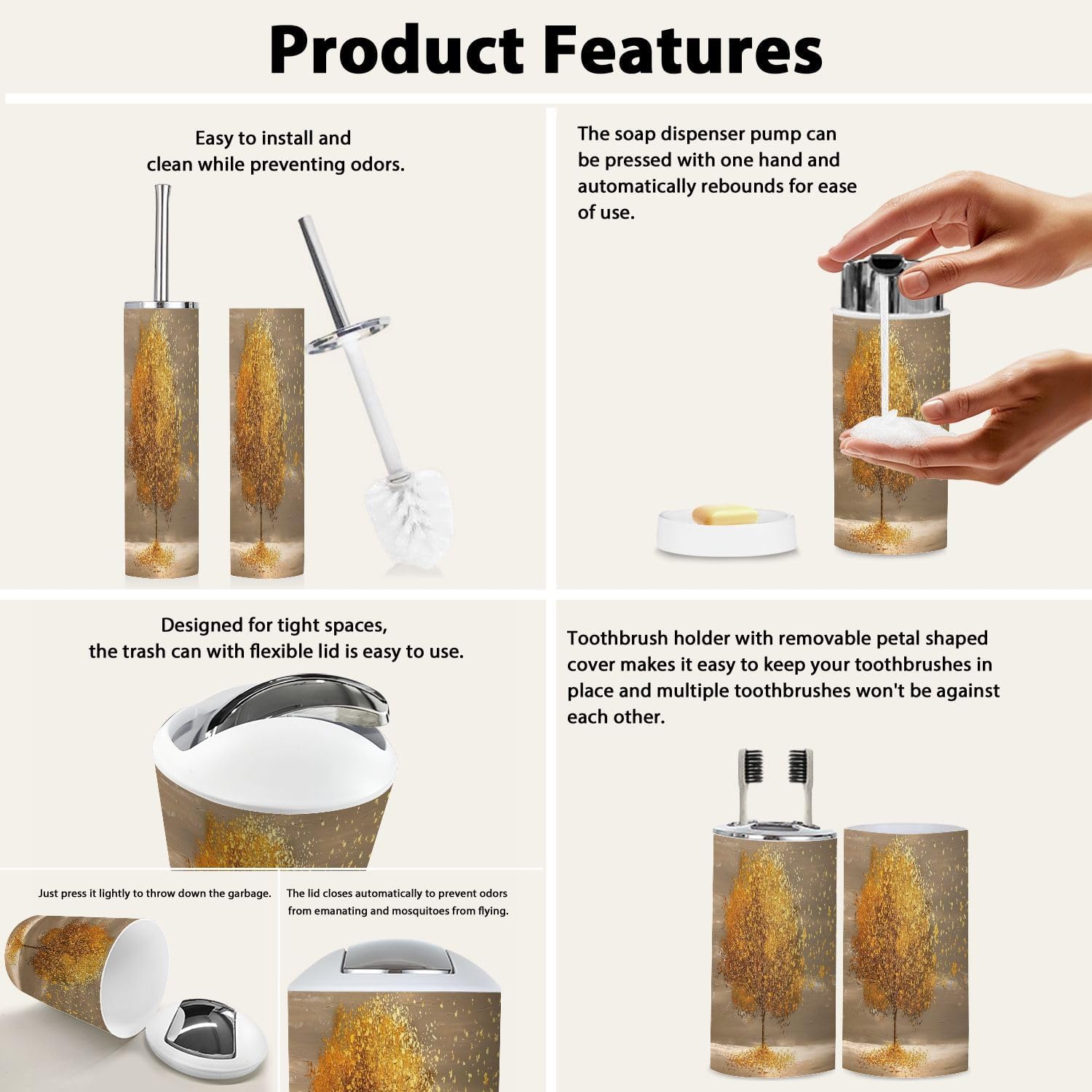 Boho Golden Lone Tree Bathroom Accessories Set 6 Piece