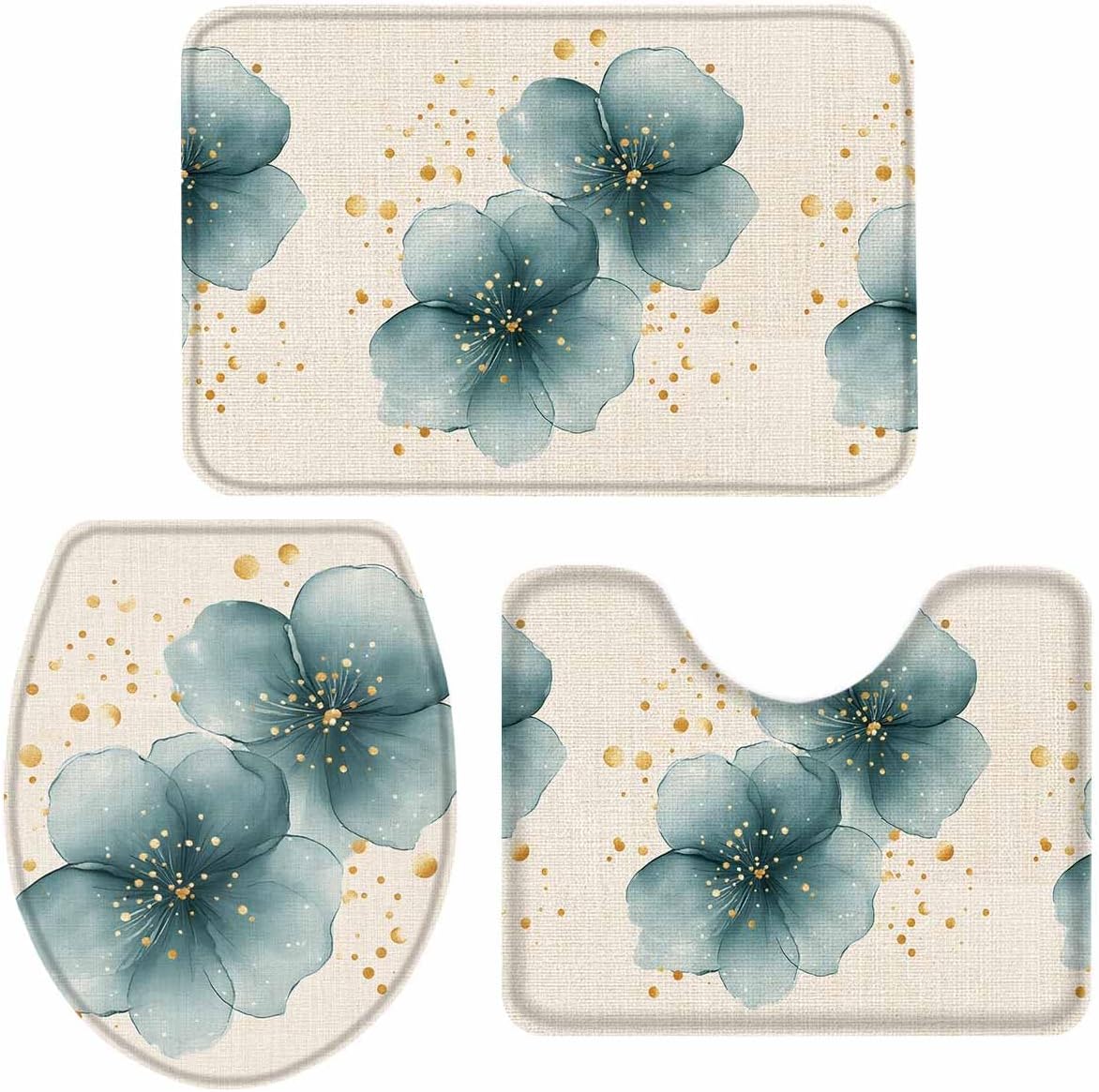 Wotrend Spring 3 Piece Bath Rug Set Modern Floral Linen Texture