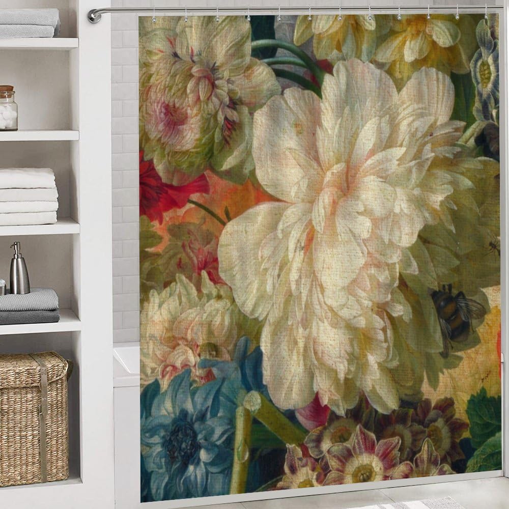 Kuizee 4-Piece Floral Shower Curtain Set with Rugs