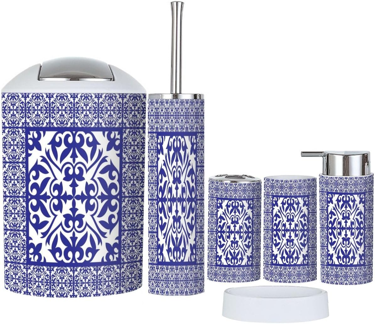 6 Piece Bathroom Accessory Set with Geometric Arabesque Design