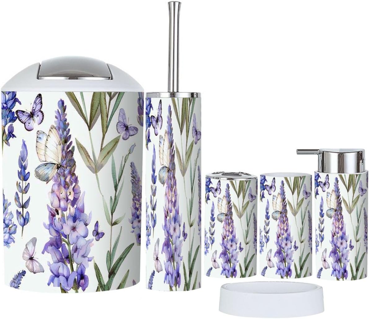 6 Piece Bathroom Accessory Set with Butterfly Lavender Design