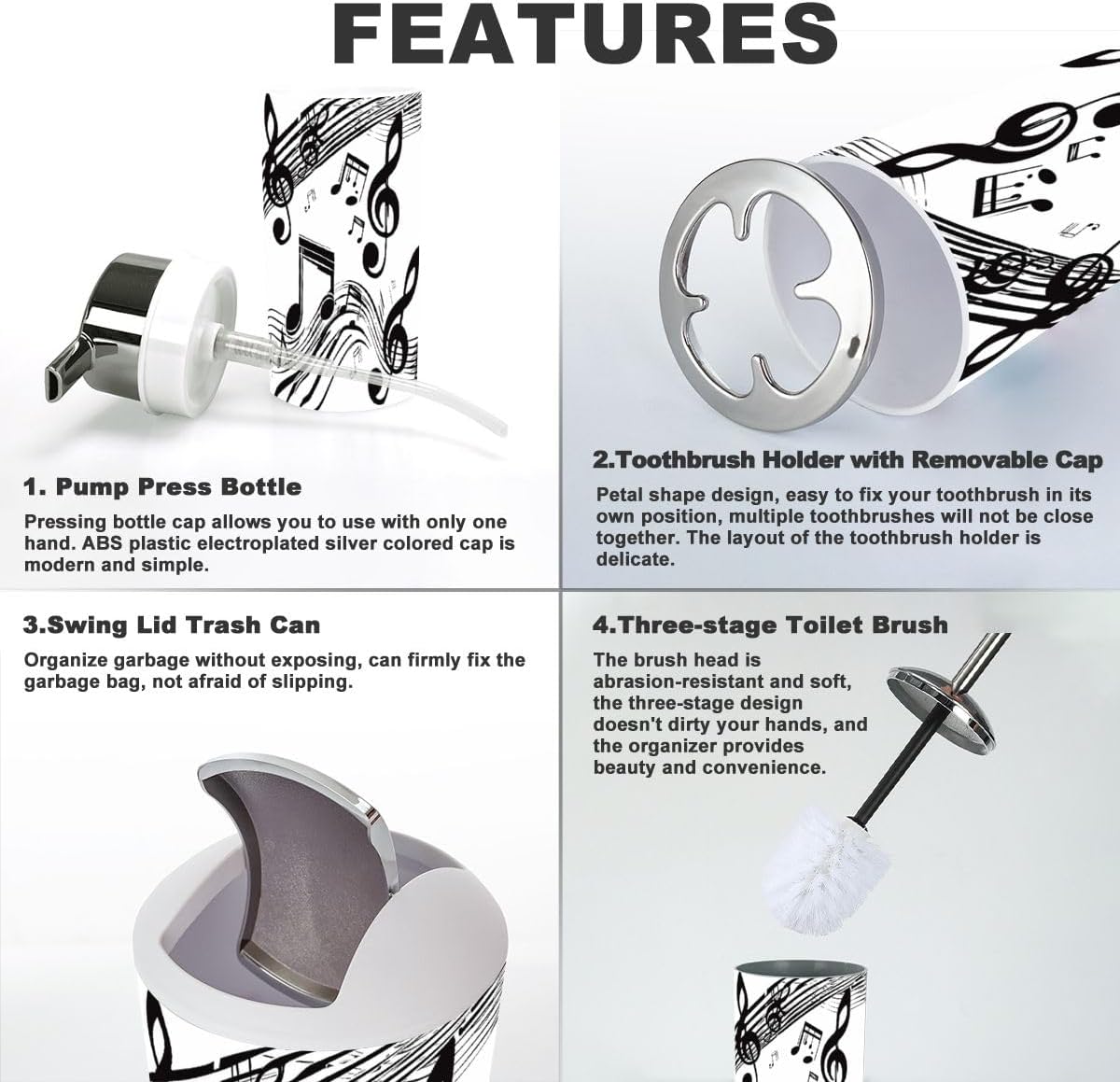 Bathroom Accessory Set 6 Piece Music Notes Design