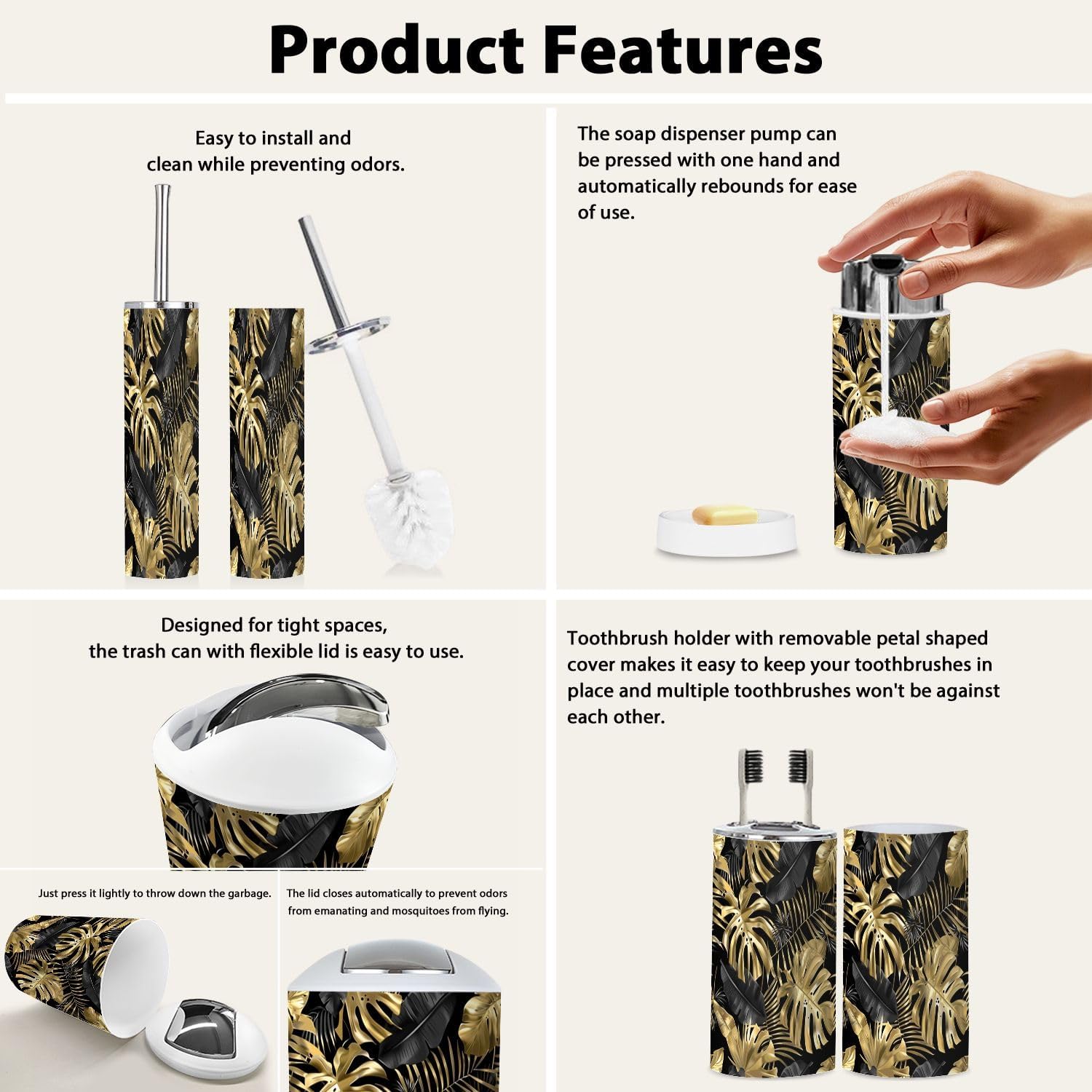 Bathroom Accessory Set 6 Piece Boho Gold Black Tropical Leaves Botanical