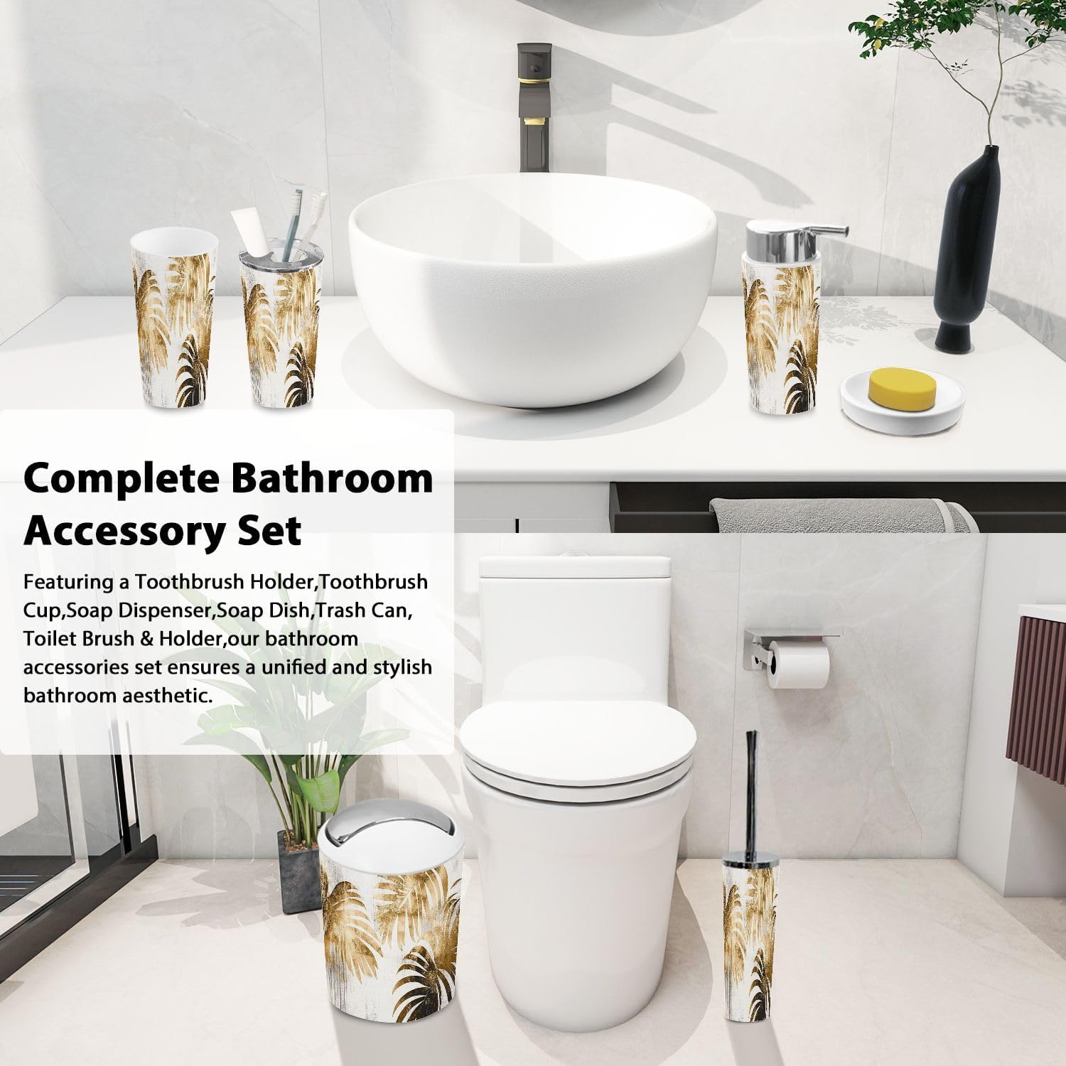 Boho Tropical Botanical Oil Art 6-Piece Bathroom Accessory Set