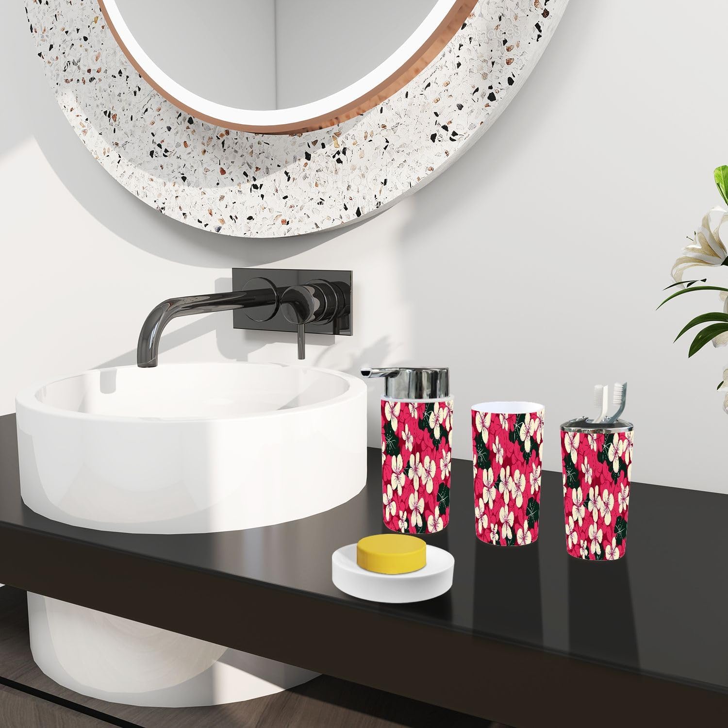 Boho Hibiscus Flowers Bathroom Accessory Set 6 Piece
