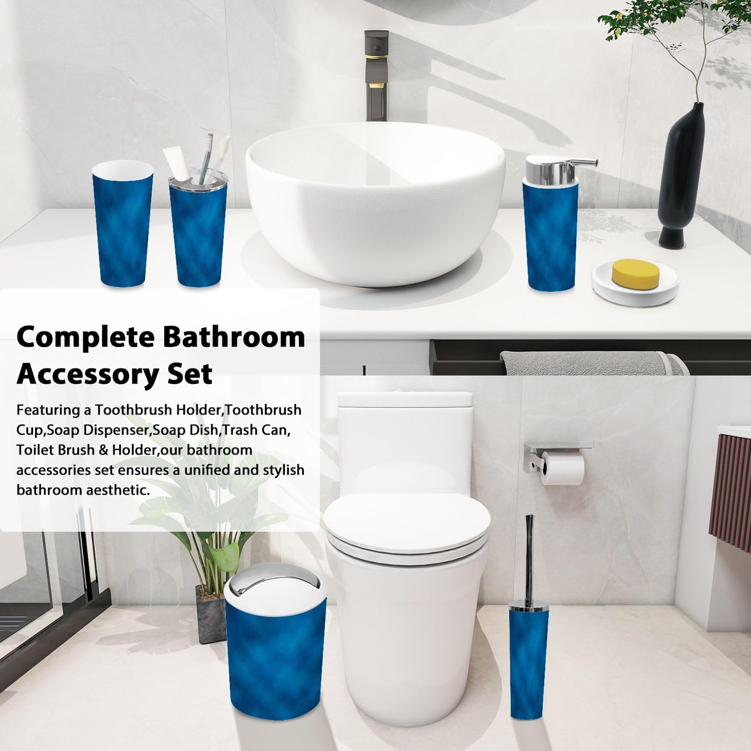 Boho Soft Blue Bathroom Accessory Set 6 Piece 1