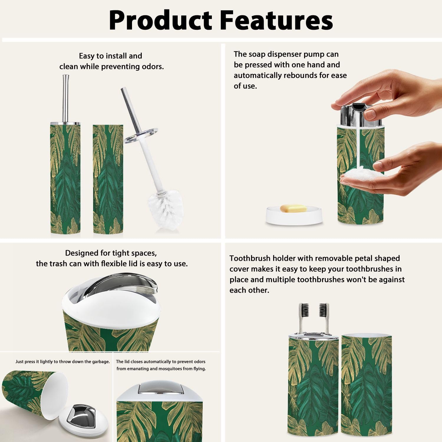 Boho Green Tropical Bathroom Accessory Set 6 Piece 1
