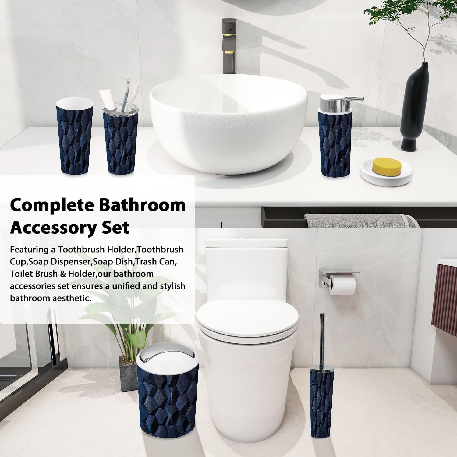 Boho 3D Wall Dark Blue Bathroom Accessory Set 6 Piece
