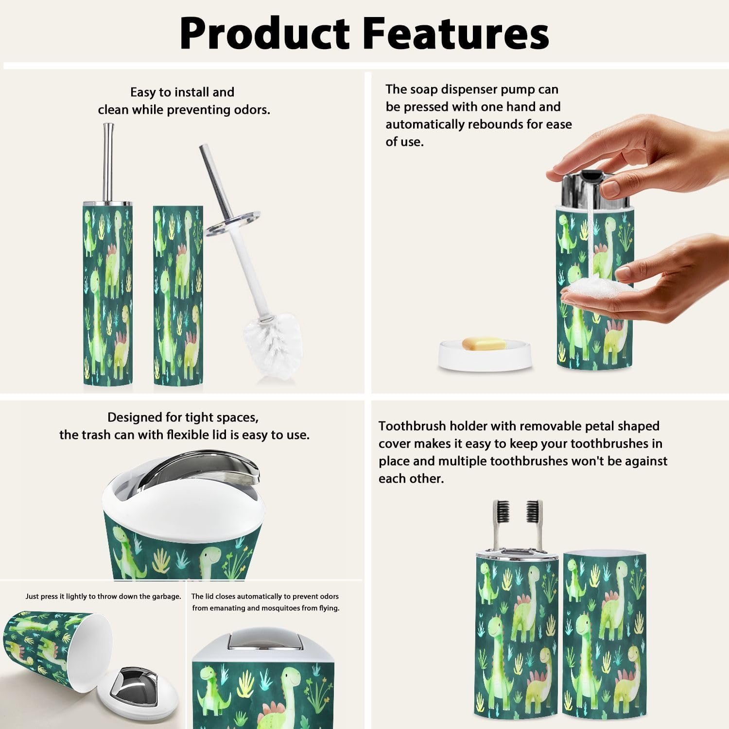 Boho Bathroom Accessory Set with Dinosaurs and Plants