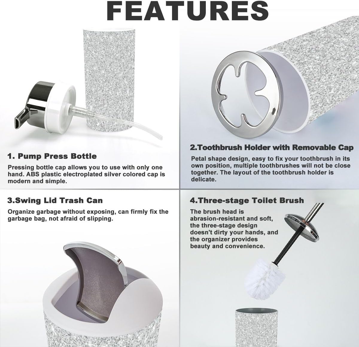 6 Piece Silver Glitter Bathroom Accessory Set