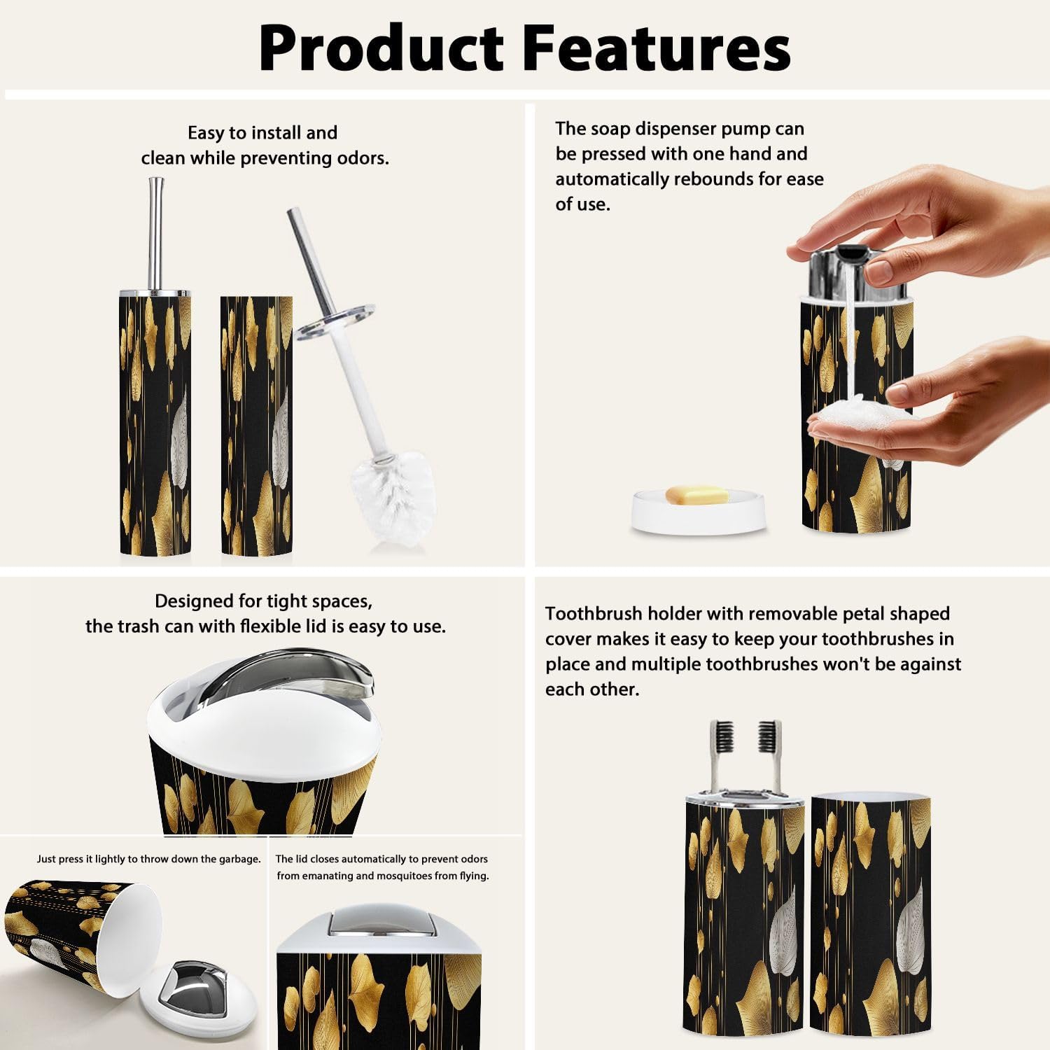 Boho 3D Golden Ginkgo Tree Bathroom Accessories Set 6 Piece