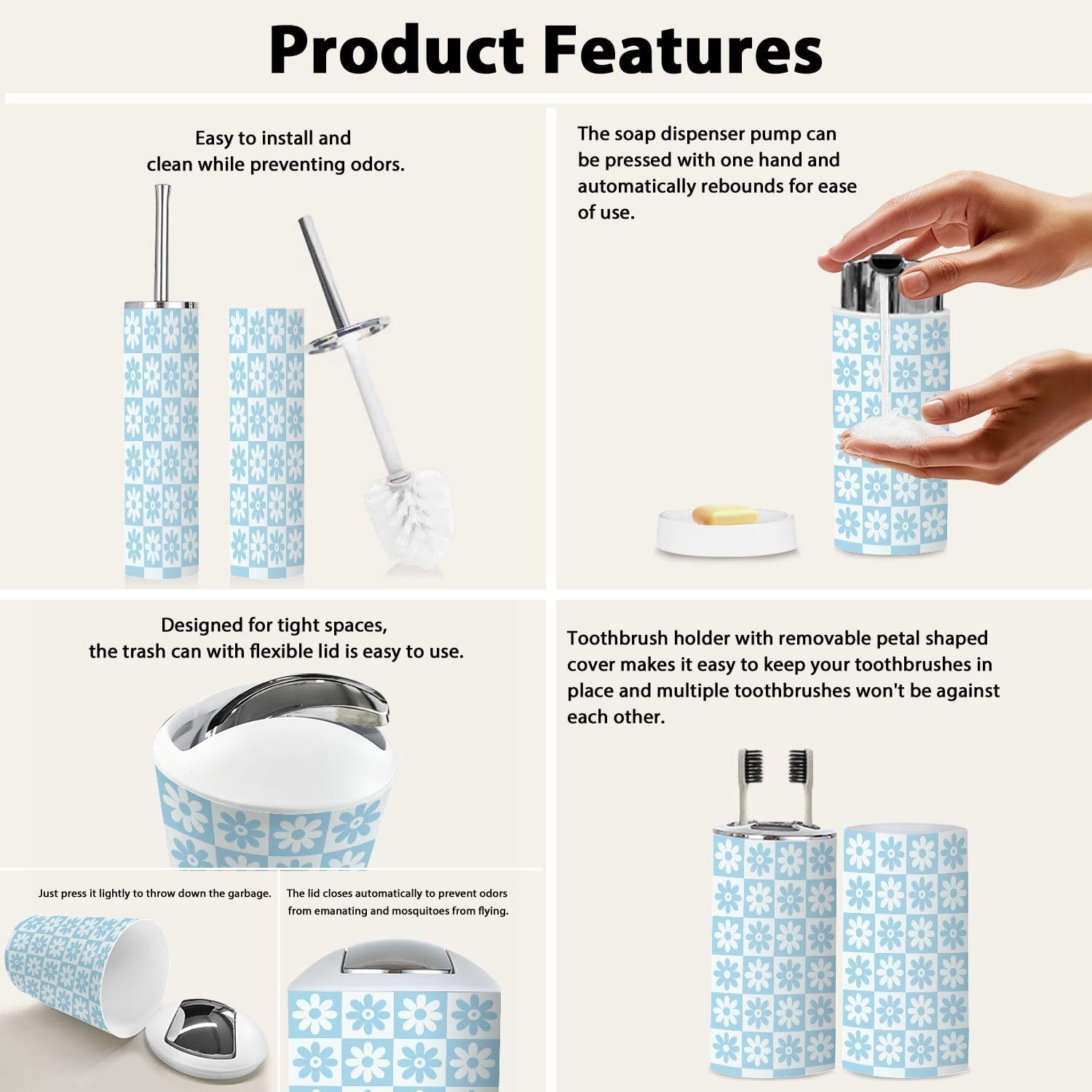 Boho Light Blue Checkered Bathroom Accessory Set 6 Piece 1