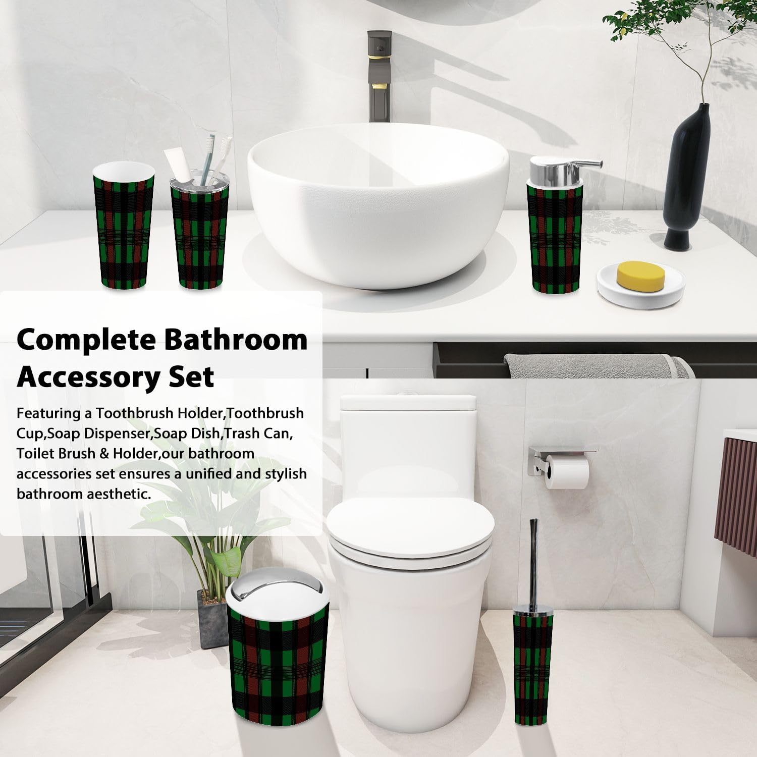 Boho Bathroom Accessory Set 6 Piece Plaid Design