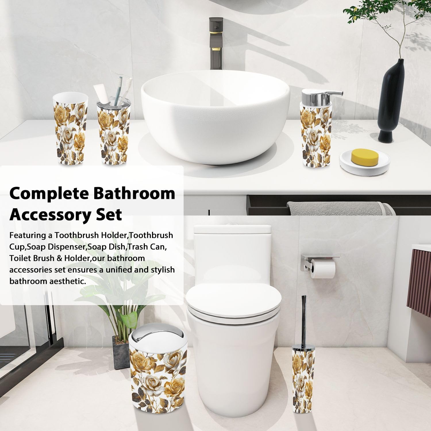 Boho Bathroom Accessories Set 6 Piece Gold Rose Design