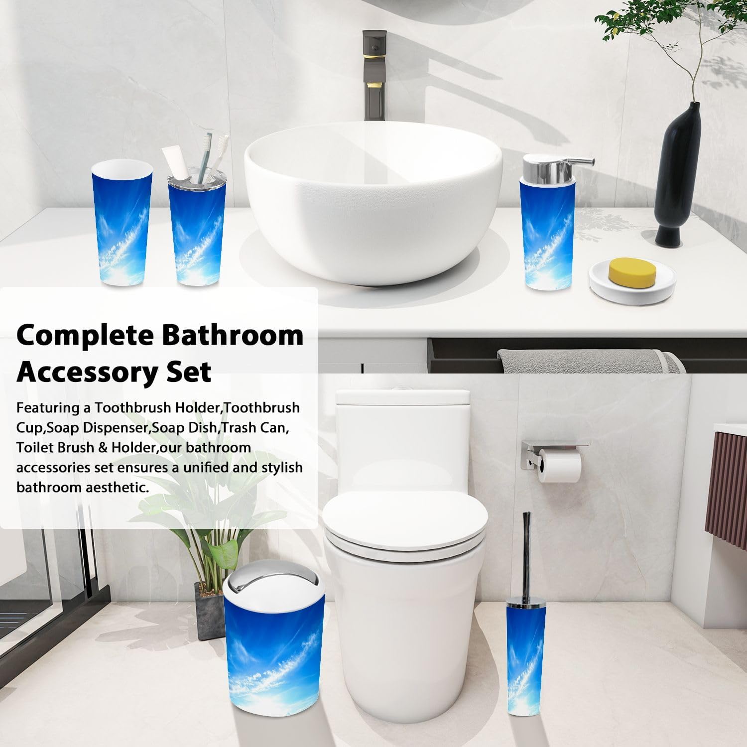 Boho Blue Sky Clouds Bathroom Accessory Set 6 Piece