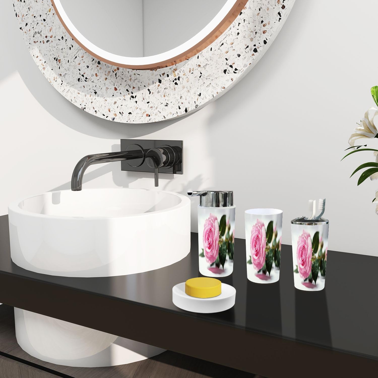 Boho Pink Roses Bathroom Accessory Set 6 Piece