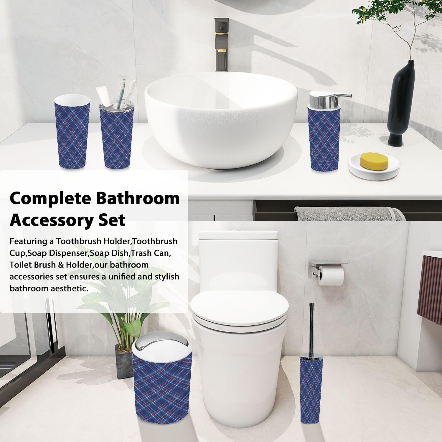 Boho Tartan Bathroom Accessory Set 6 Piece