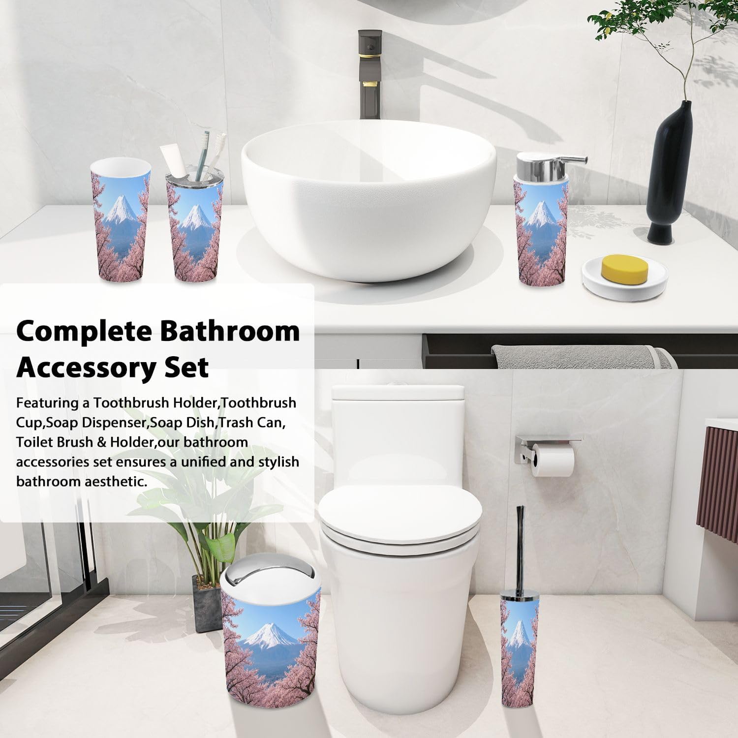 Boho Bathroom Accessory Set 6 Piece Cherry Blossom Design