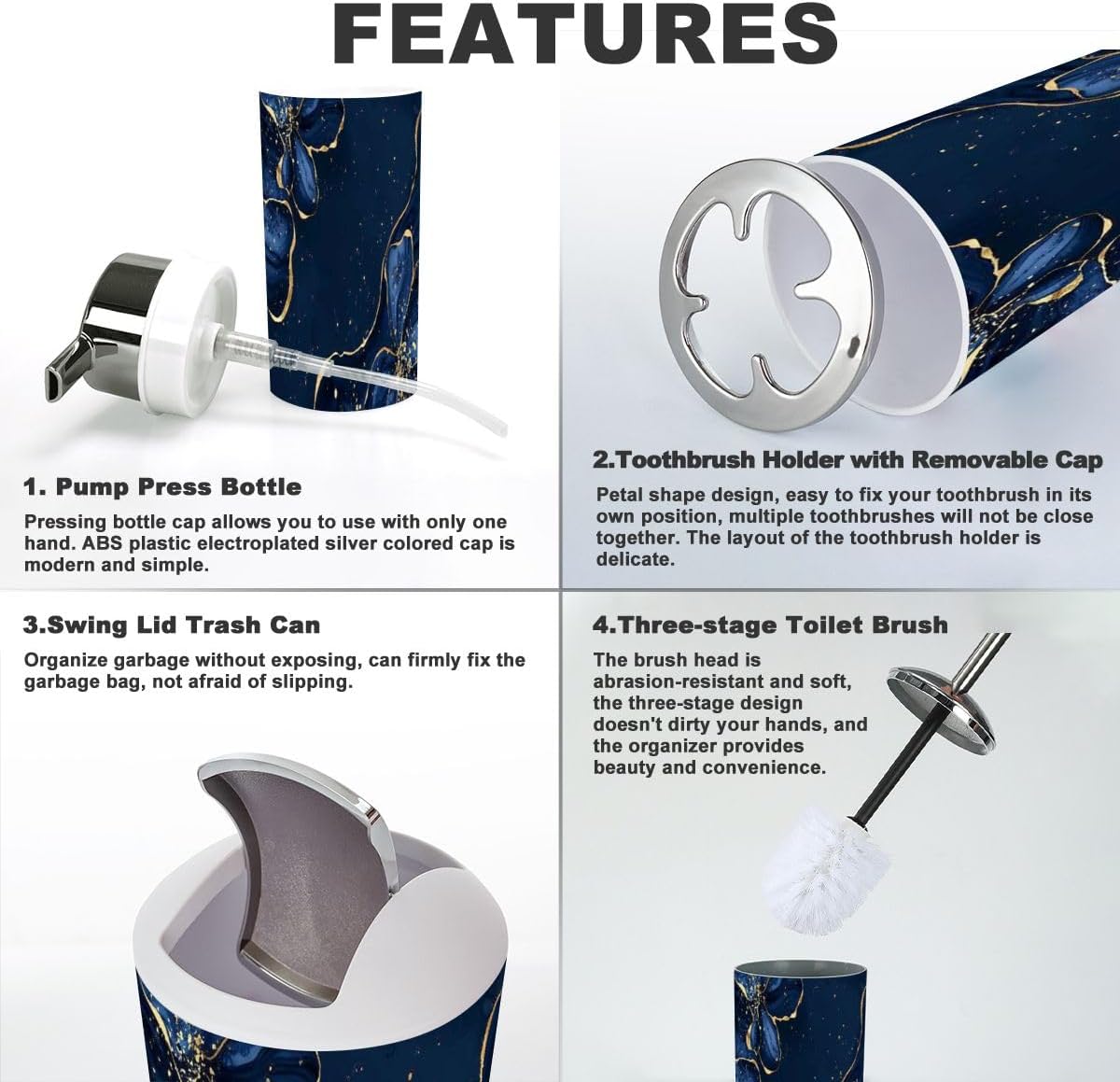Navy Blue Marbled Bathroom Accessory Set 6 Piece