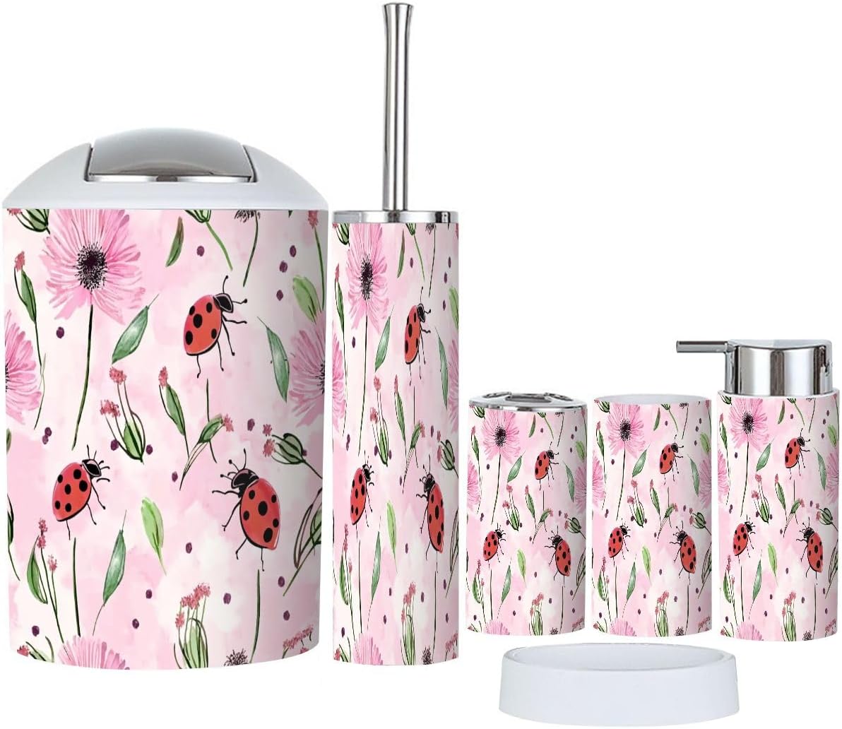 Boho Bathroom Accessory Set 6 Piece with Dandelion Flowers and Ginkgo Leaves