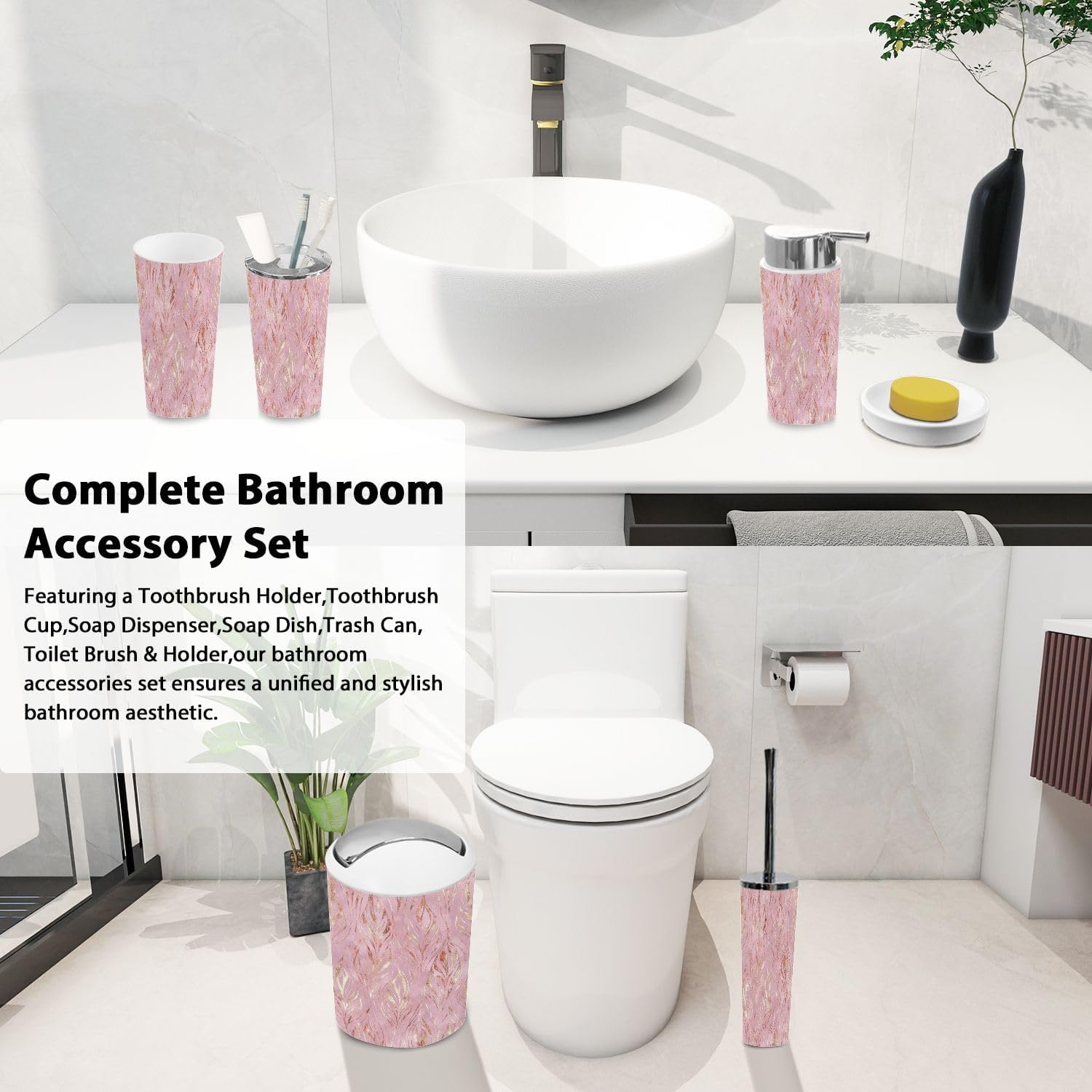 Boho Bathroom Accessory Set 6 Piece Rose Gold