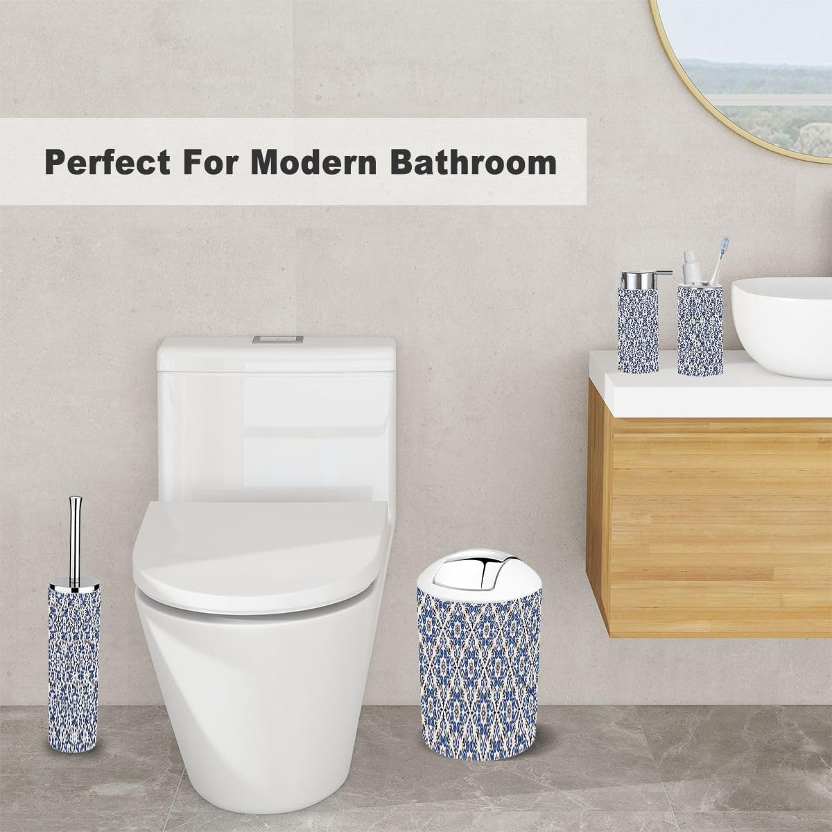 6 Piece Bathroom Accessory Set with Damask Floral Design
