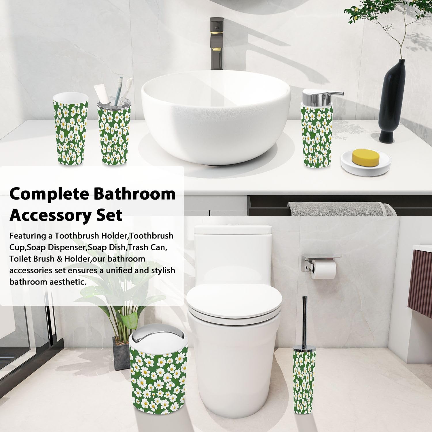 Boho Daisy Bathroom Accessory Set 6 Piece 1