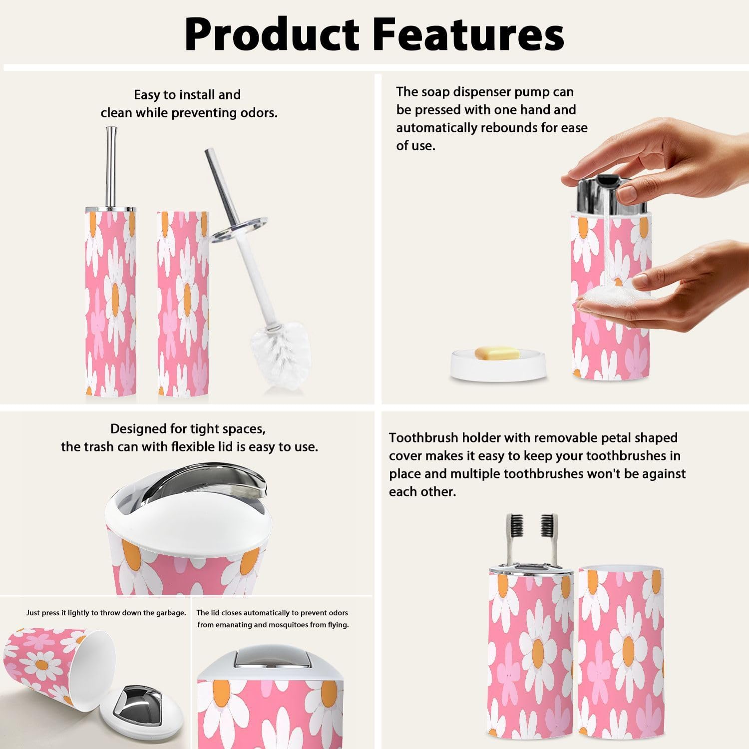 Boho Daisy Flower Bathroom Accessories 6-Piece Set