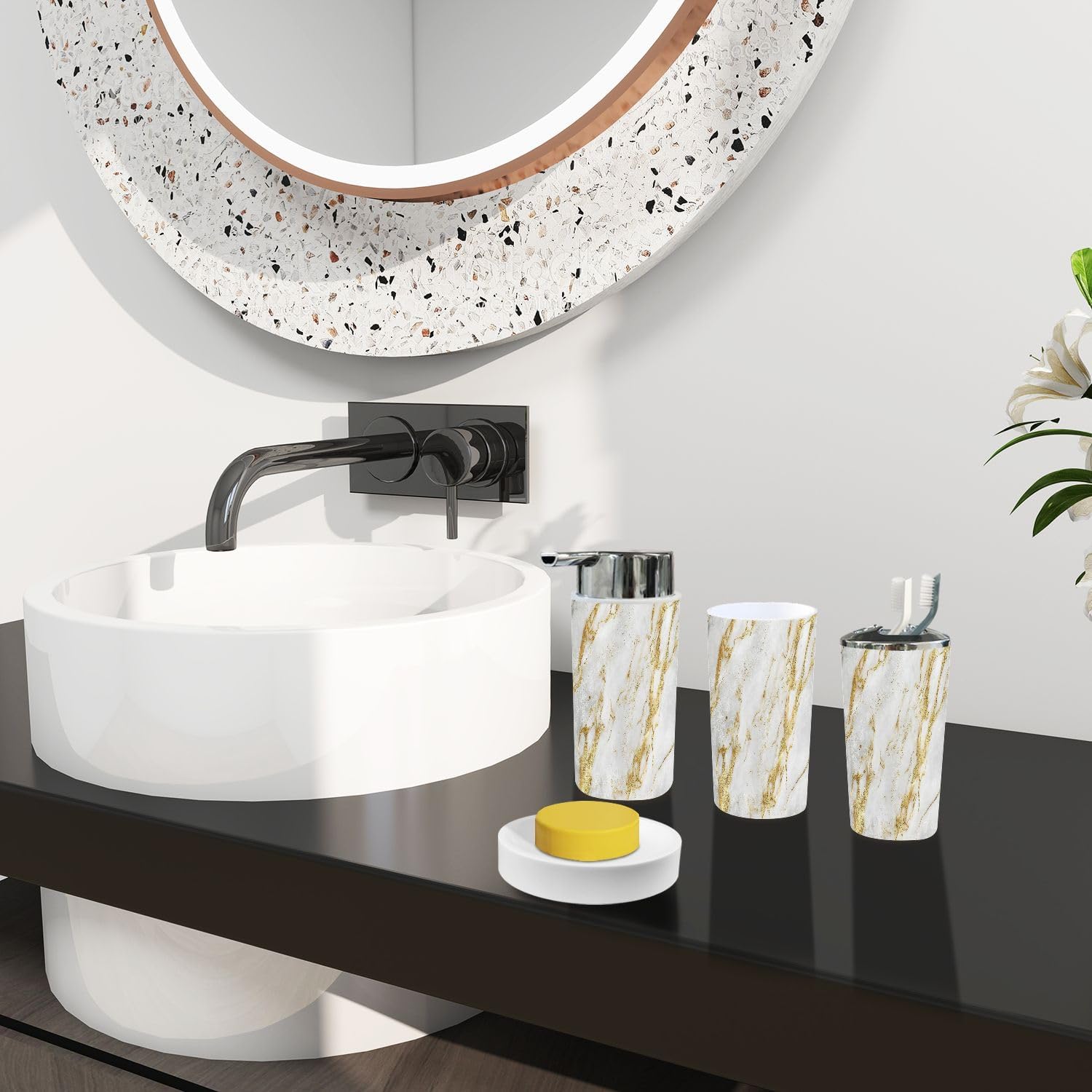 Boho White Gold Marble Bathroom Accessory Set 6 Piece