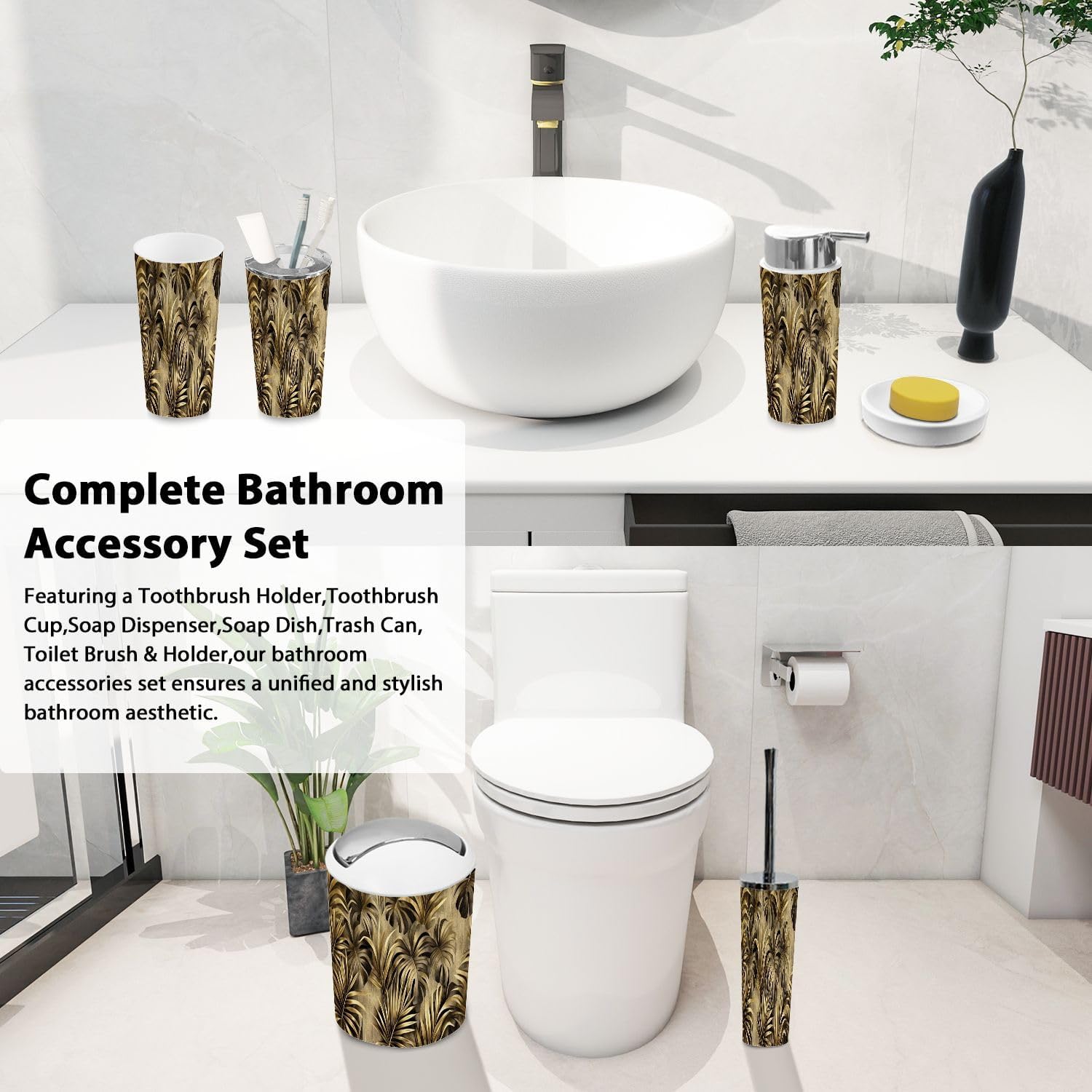 Boho Golden Trash Can and Bathroom Accessories Set