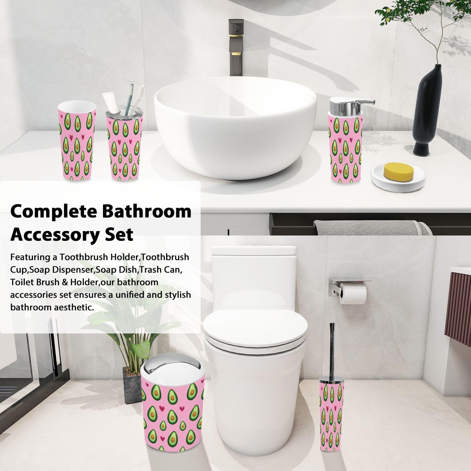 Boho Cute Avocado Hearts Bathroom Accessory Set 6 Piece
