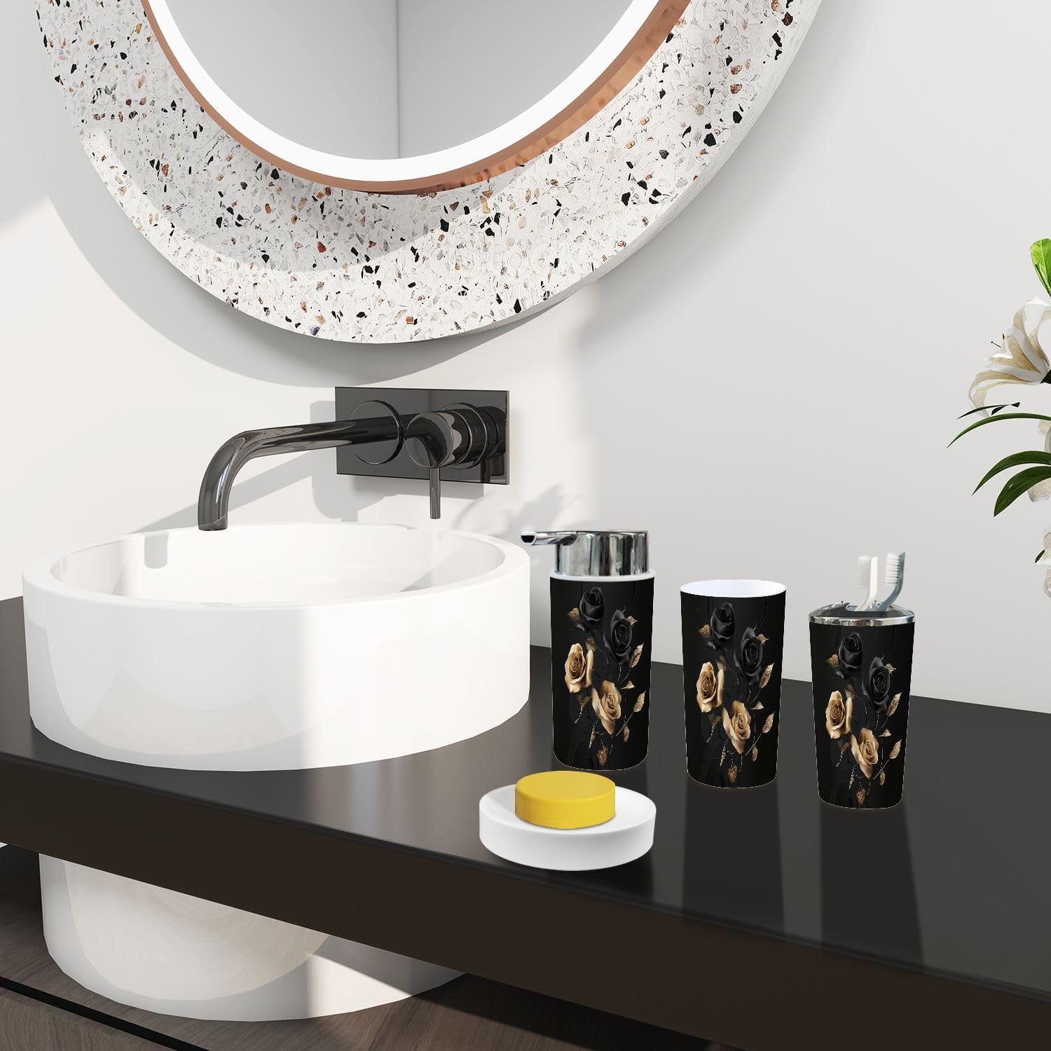 Boho Gold Black Roses Bathroom Accessory Set 6 Piece