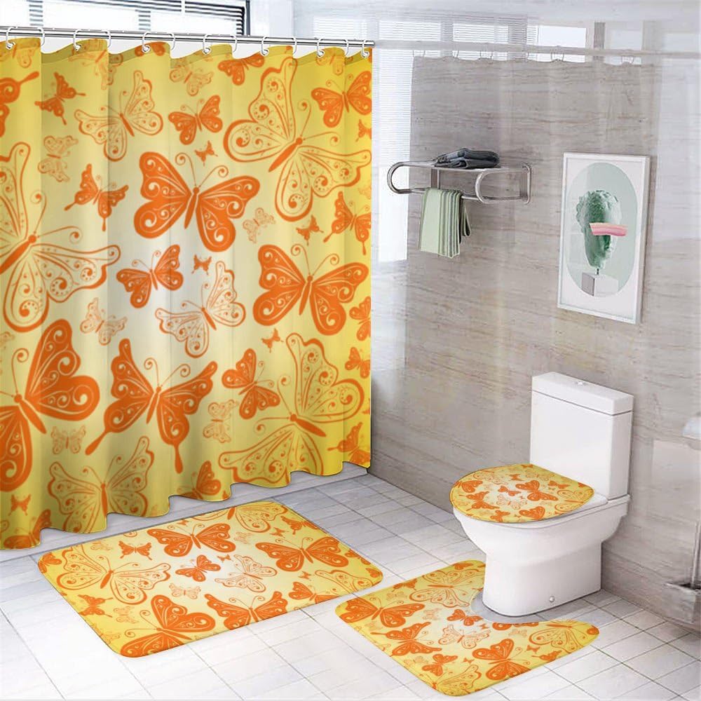 Kuizee 4 Piece Yellow Butterfly Shower Curtain Set with Non-Slip Rugs