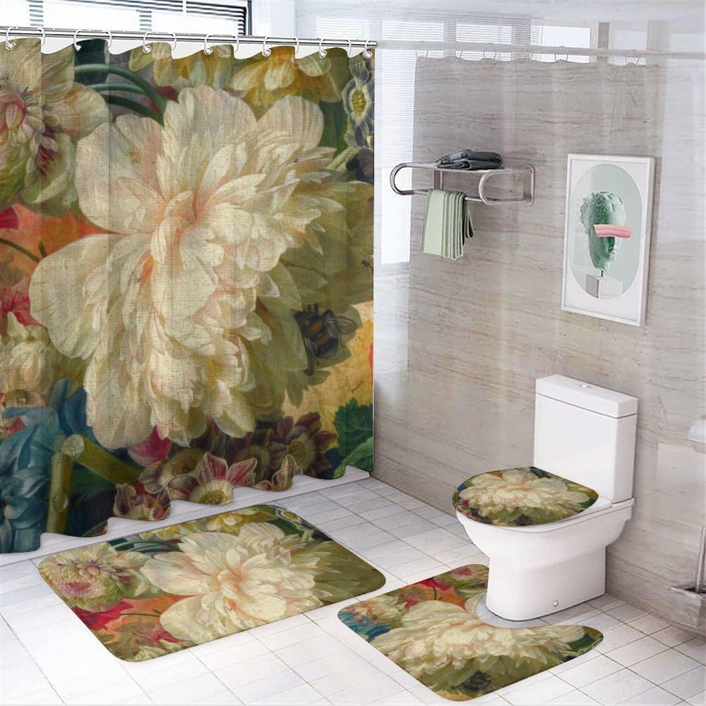 Kuizee 4-Piece Floral Shower Curtain Set with Rugs