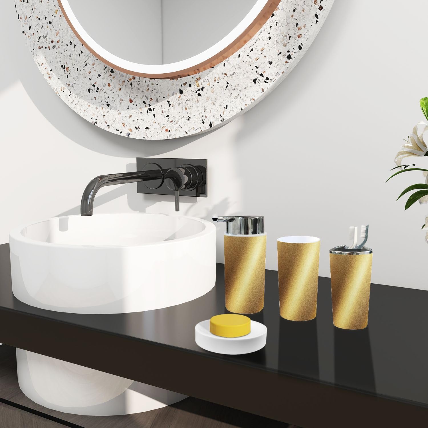 Boho Bathroom Accessory Set 6 Piece in Pale Brown and Yellow