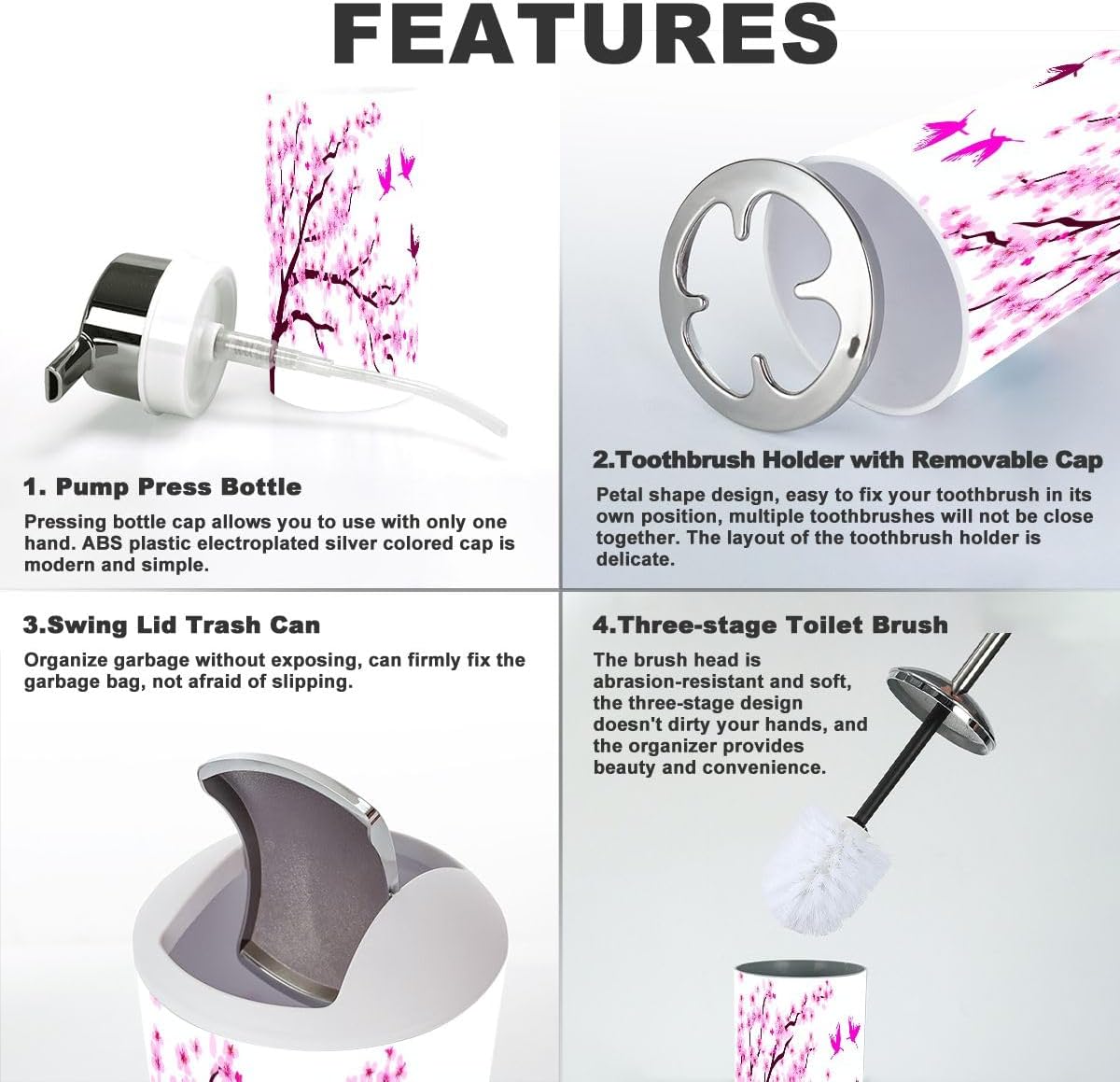 Cherry Blossom Birds Bathroom Accessory Set 6 Piece 1