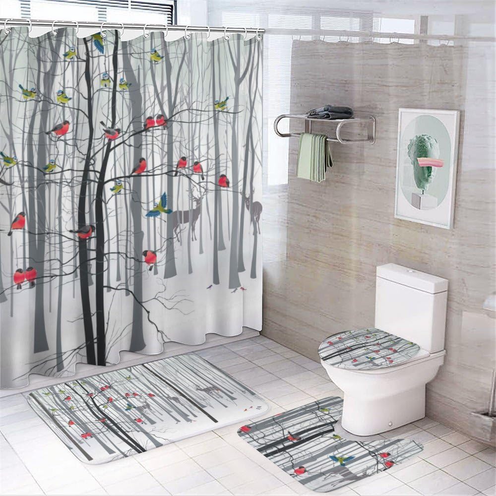 Kuizee 4-Piece Christmas Tree Shower Curtain Set with Non-Slip Bath Rugs