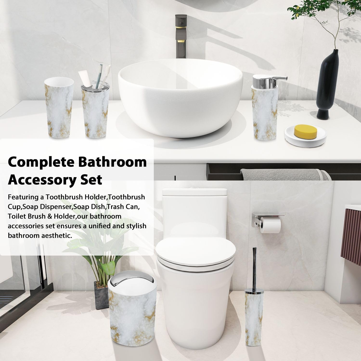 Boho Gold Marble Bathroom Accessory Set 6 Piece 1