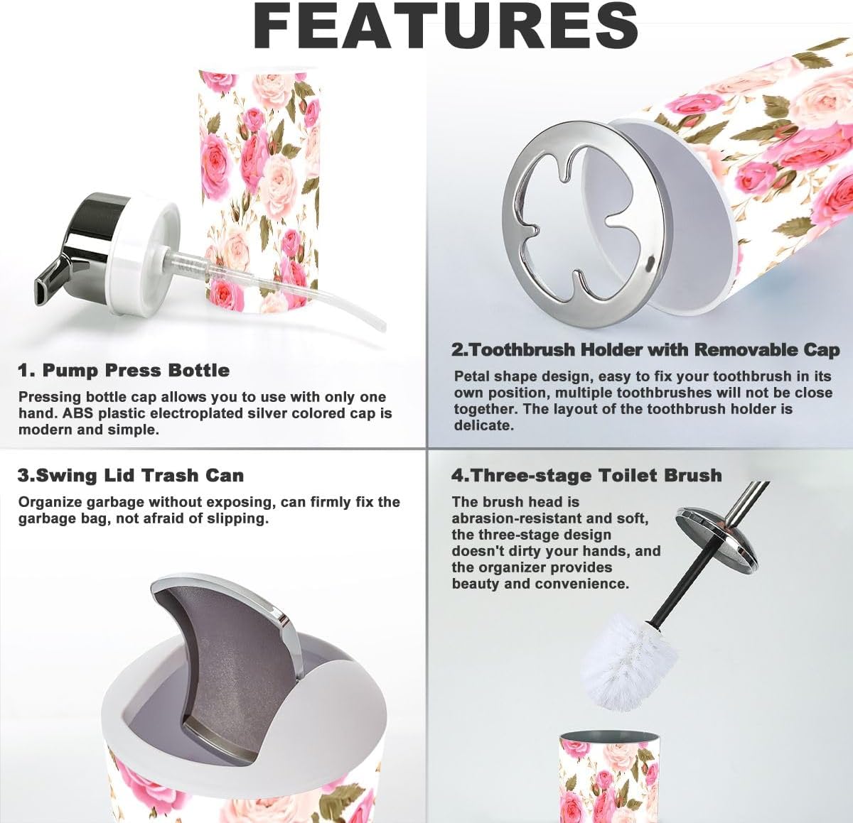 6 Piece Bathroom Accessory Set with English Roses Design 1