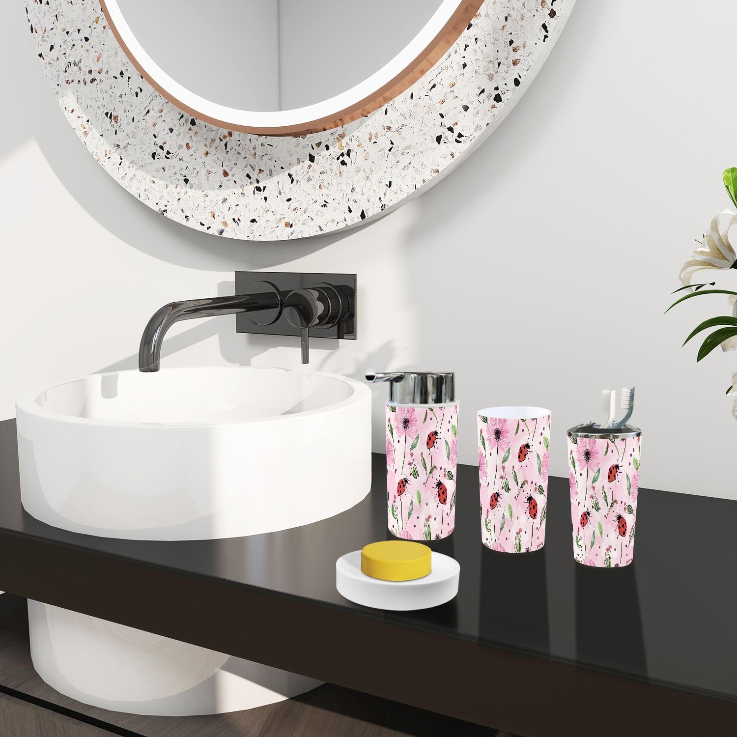Boho Bathroom Accessory Set 6 Piece with Dandelion Flowers and Ginkgo Leaves