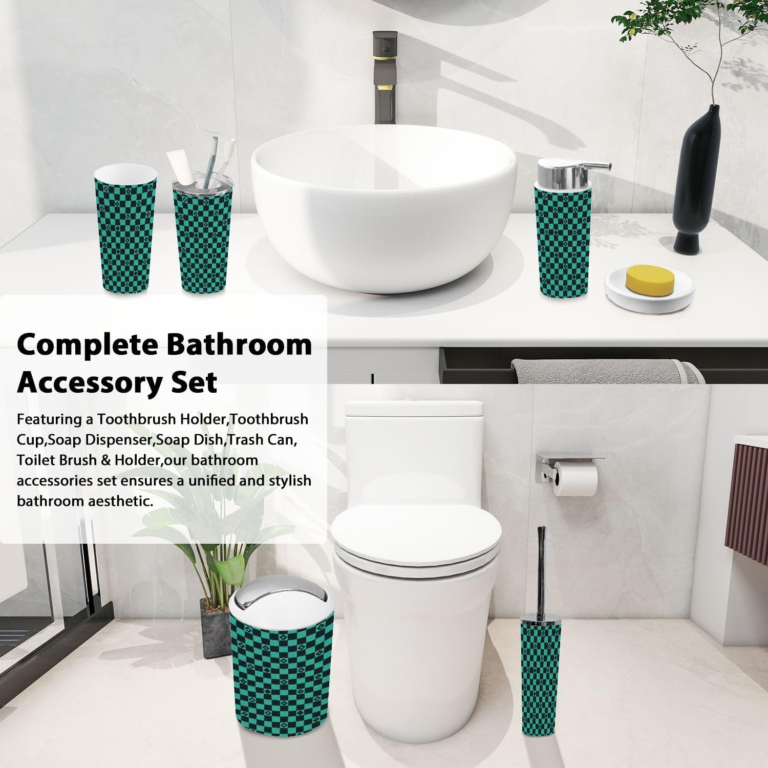 Boho Bathroom Accessory Set 6 Piece Green Black