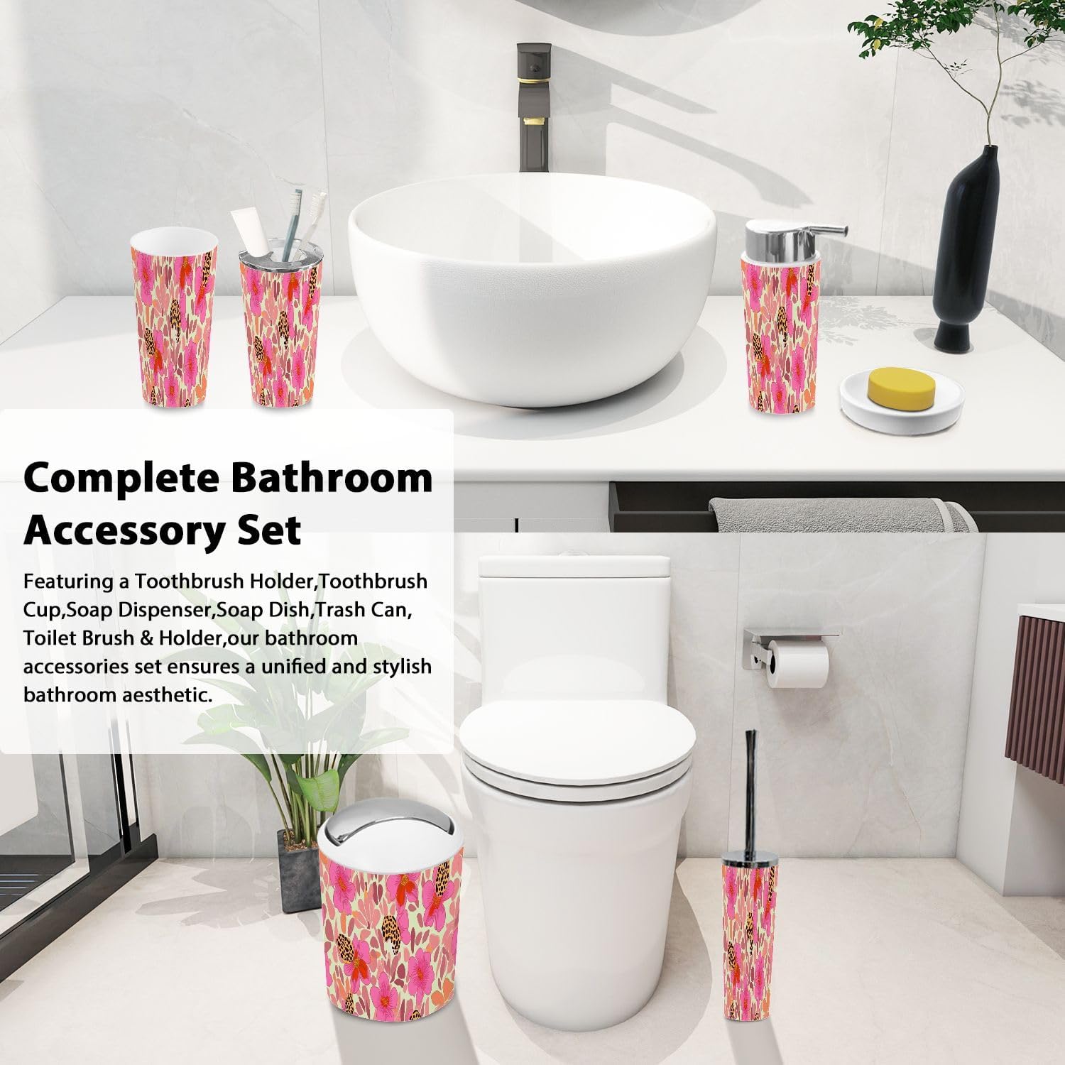 Boho Exotic Floral Bathroom Accessory Set of 6