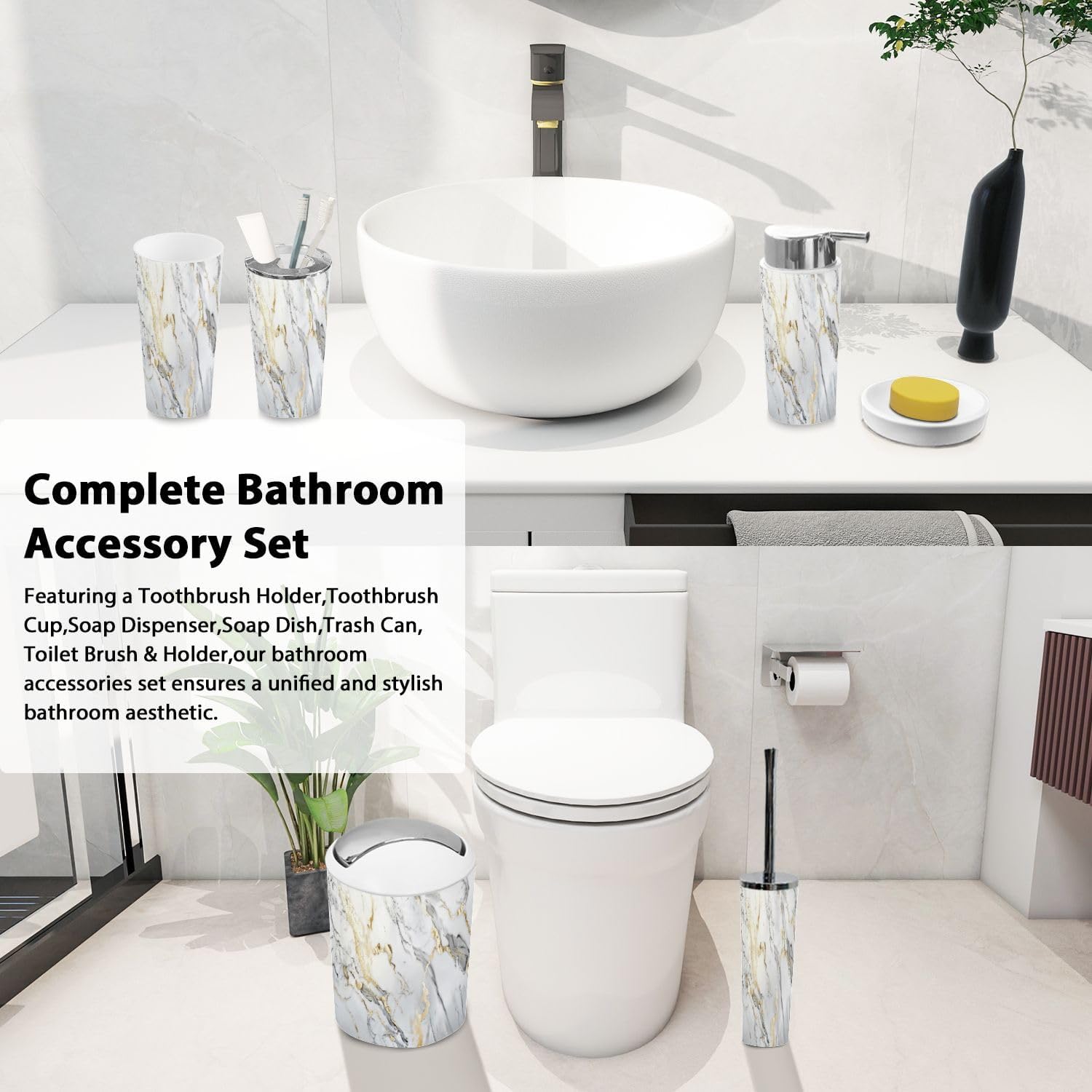 Boho Bathroom Accessory Set 6 Piece Gold White