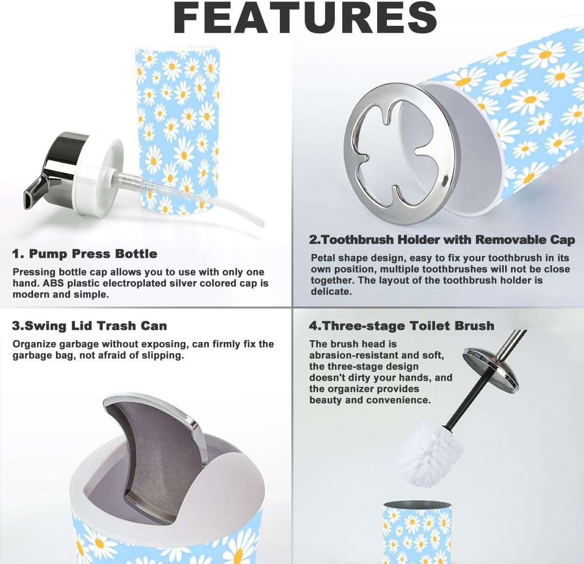 Daisy Flower Blue Bathroom Accessories 6 Piece Set