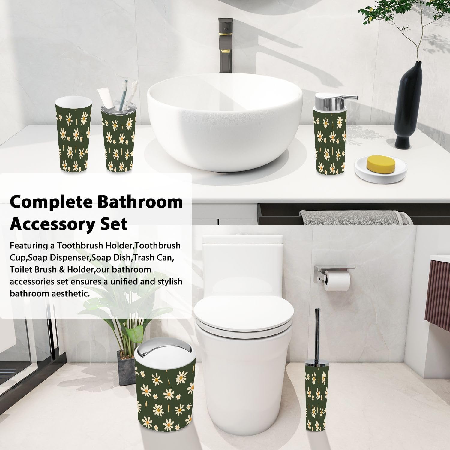 Boho Daisies Bathroom Accessory Set 6 Piece 1