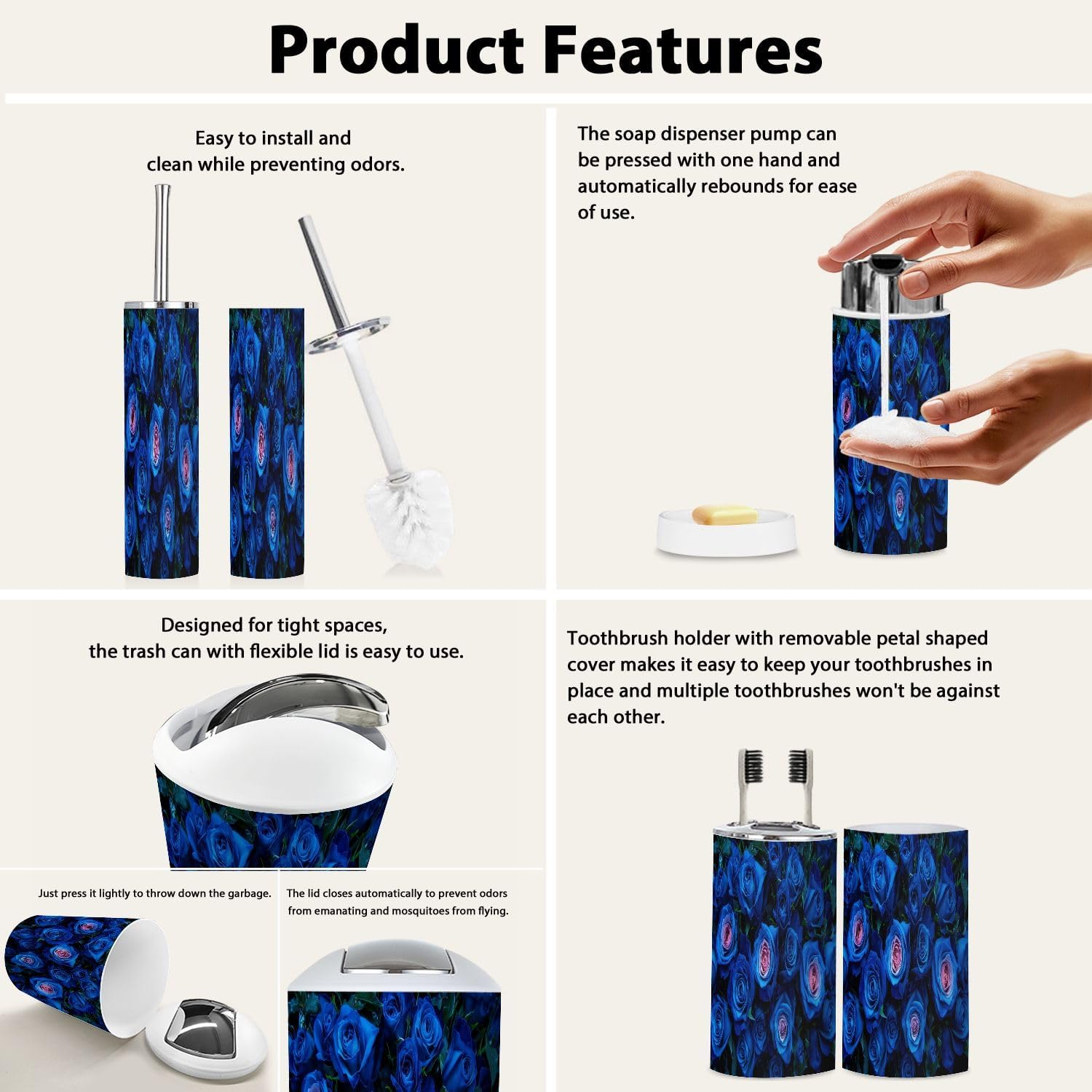 Boho Blue Roses Bathroom Accessory Set 6 Piece 1