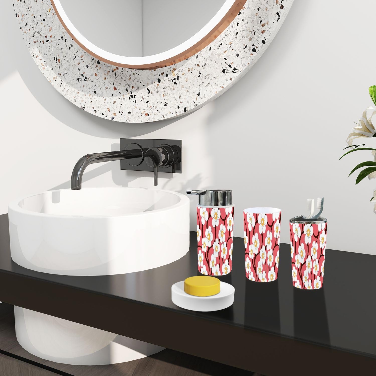 Boho 6-Piece Bathroom Accessory Set with Flowers