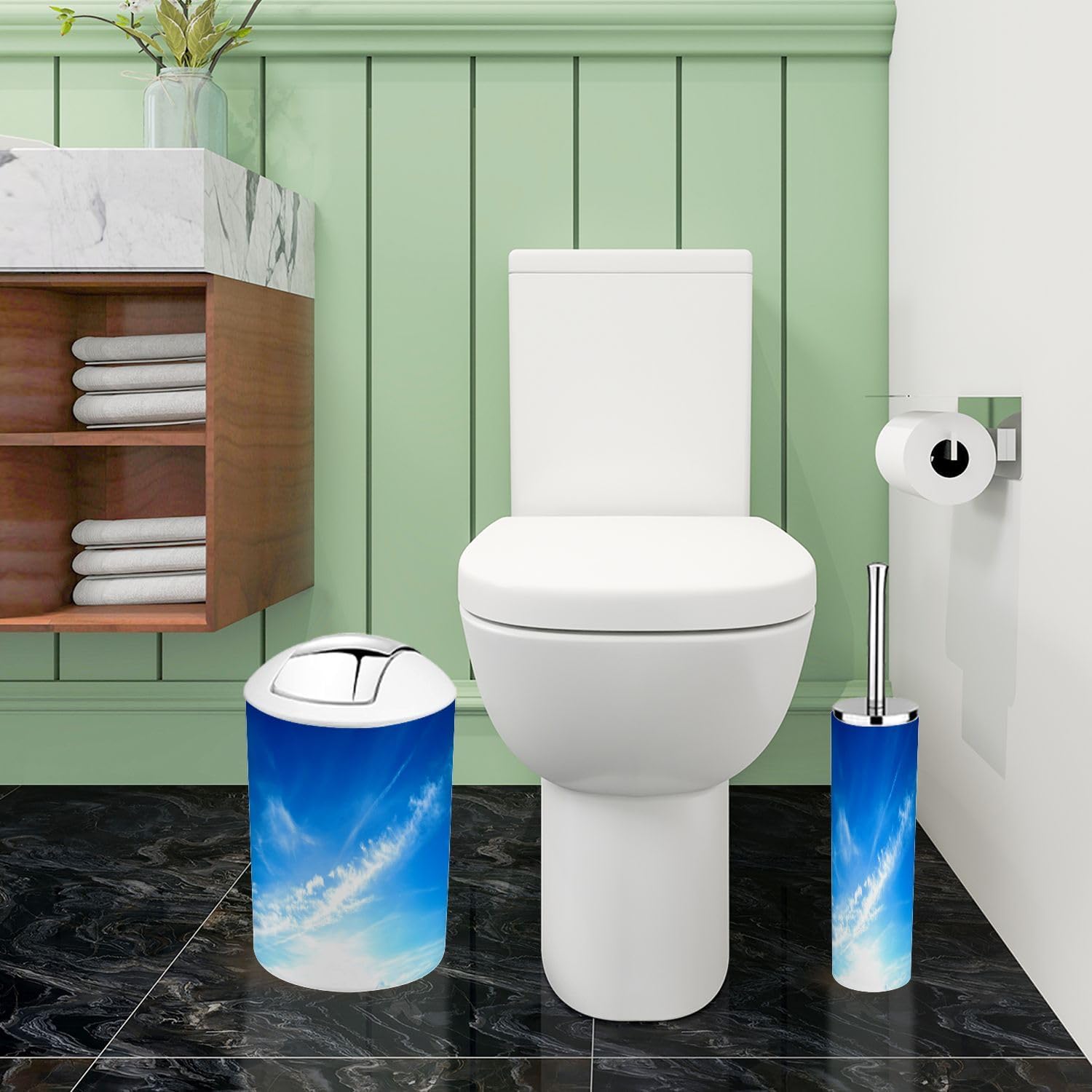 Boho Blue Sky Clouds Bathroom Accessory Set 6 Piece