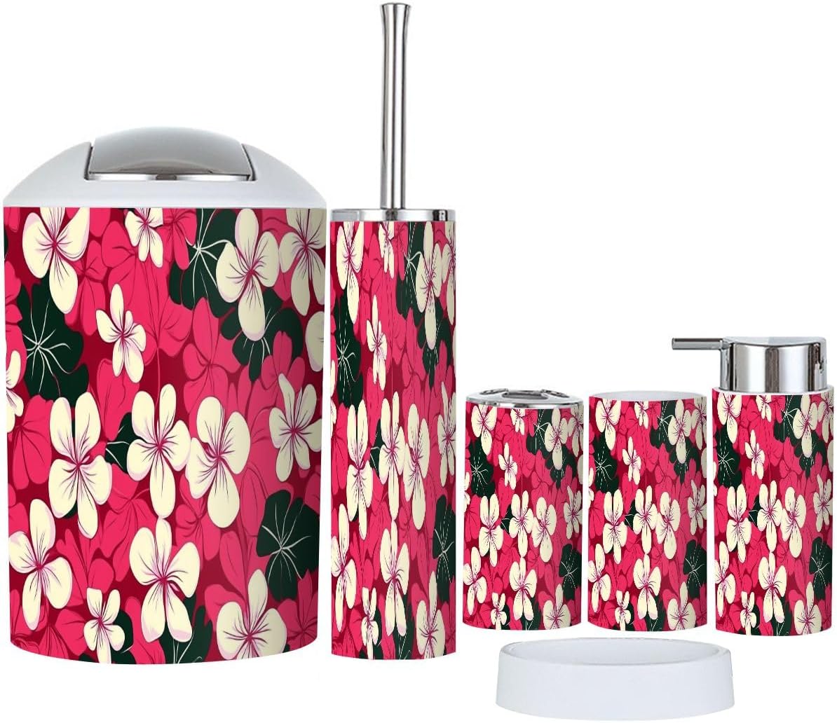 Boho Hibiscus Flowers Bathroom Accessory Set 6 Piece