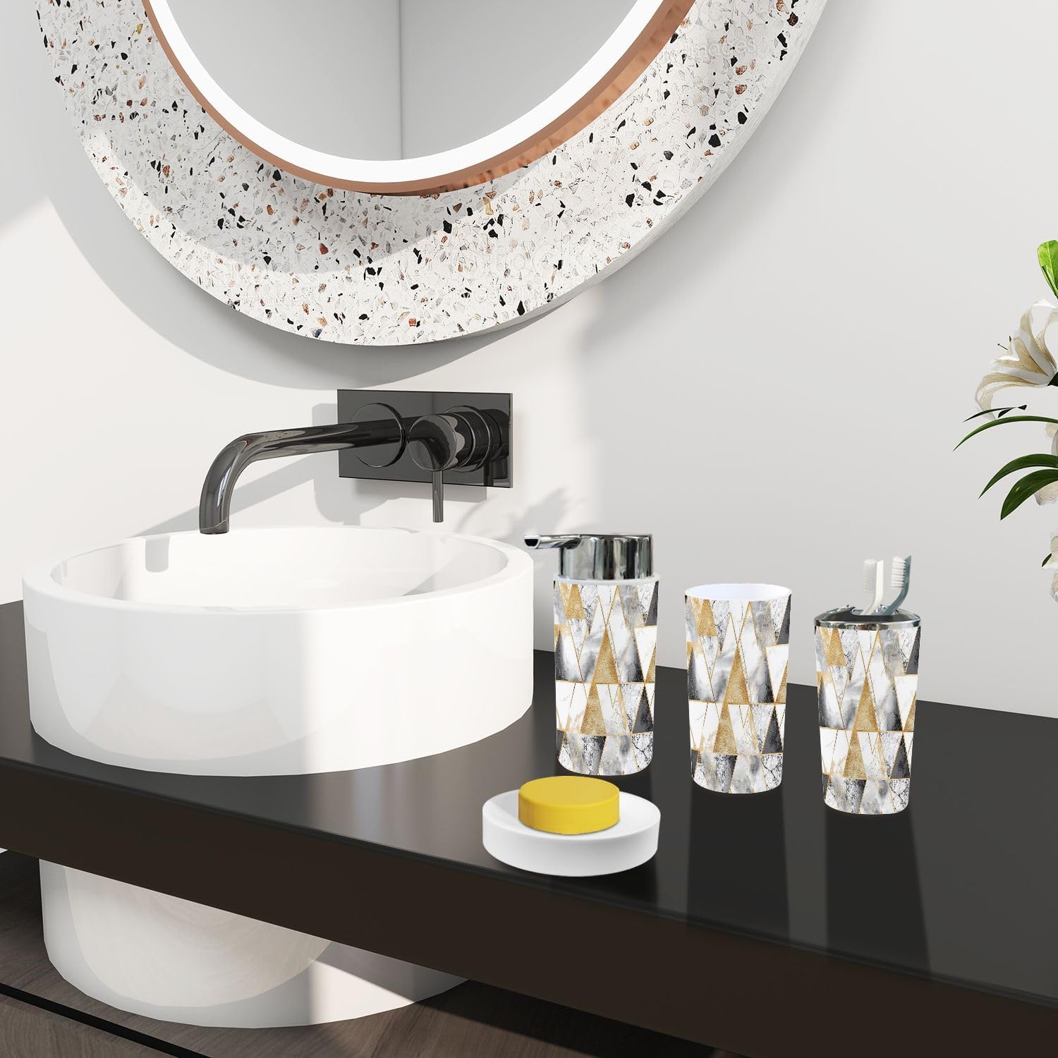 Boho Bathroom Accessory Set 6 Piece Gold Lines Silver Glitter